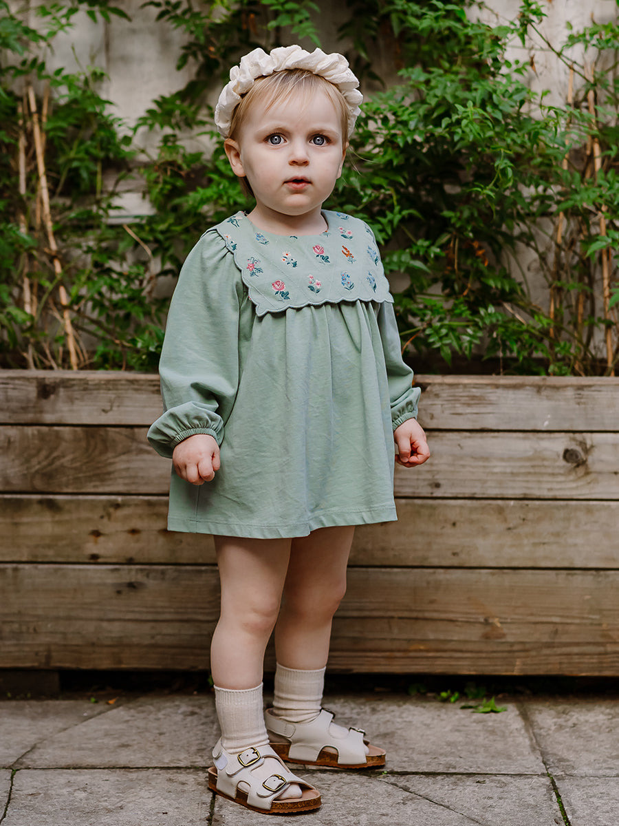 Ely Embroidered Jersey Romper, Pea Green – Happyology