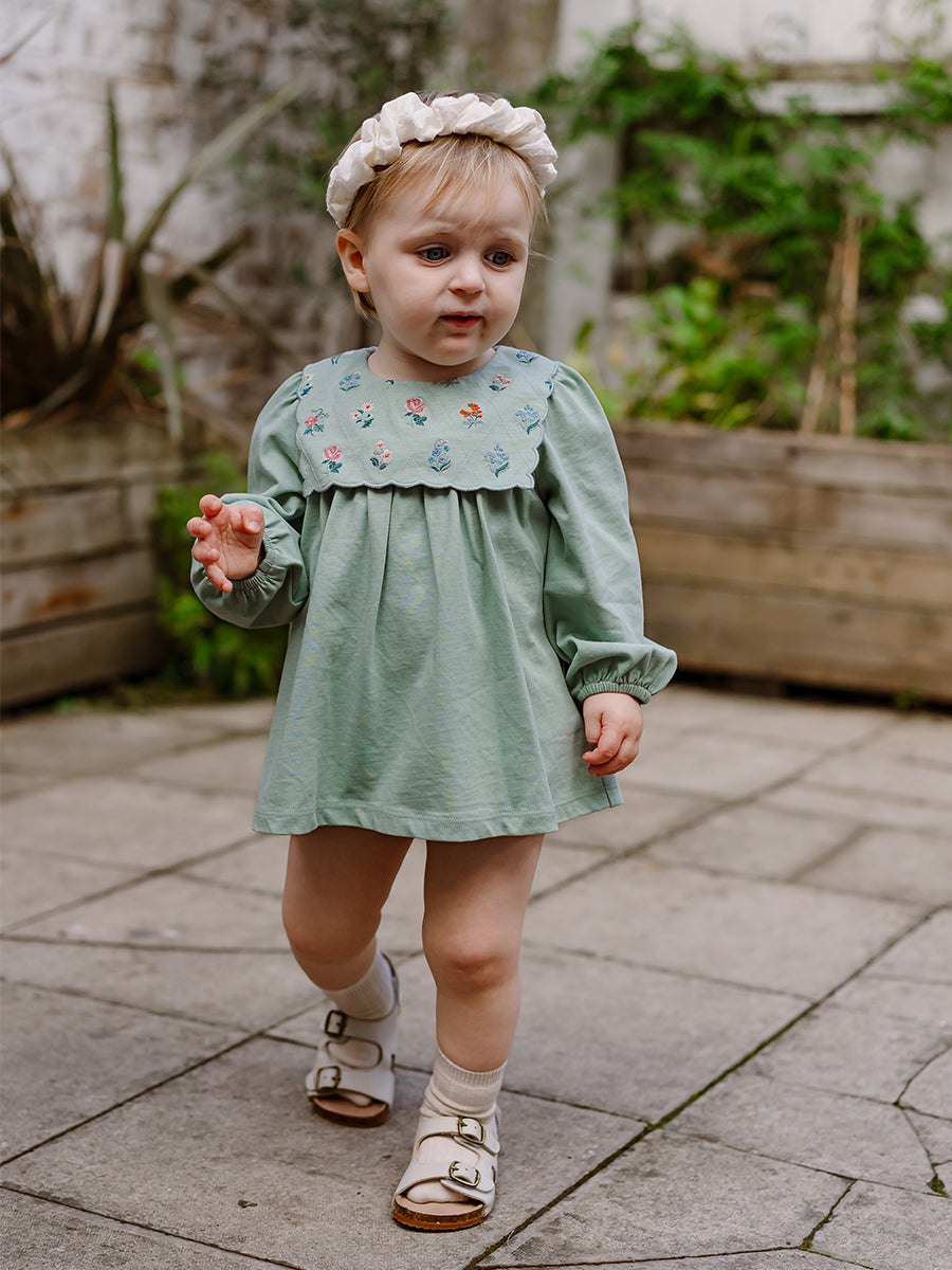 Ely Embroidered Jersey Romper, Pea Green – view 6
